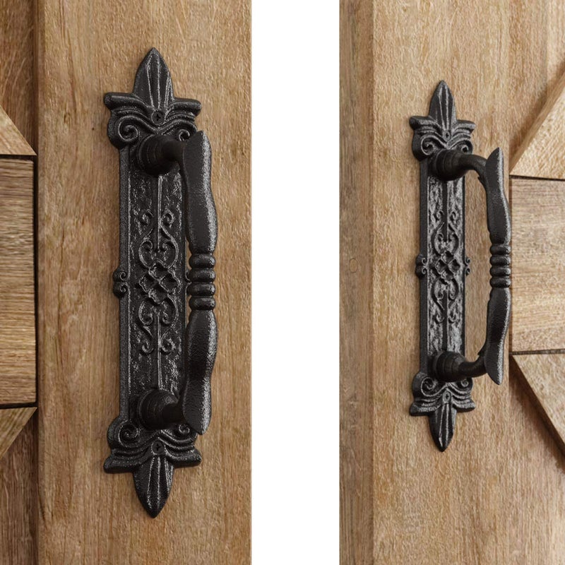 SMARTSTANDARD Heavy Duty 9" Antique Barn Door Handle Set of 2, Large Rustic Carved Door Pull, for Gates Garages Sheds, Black Powder Coated Finish - Image 1